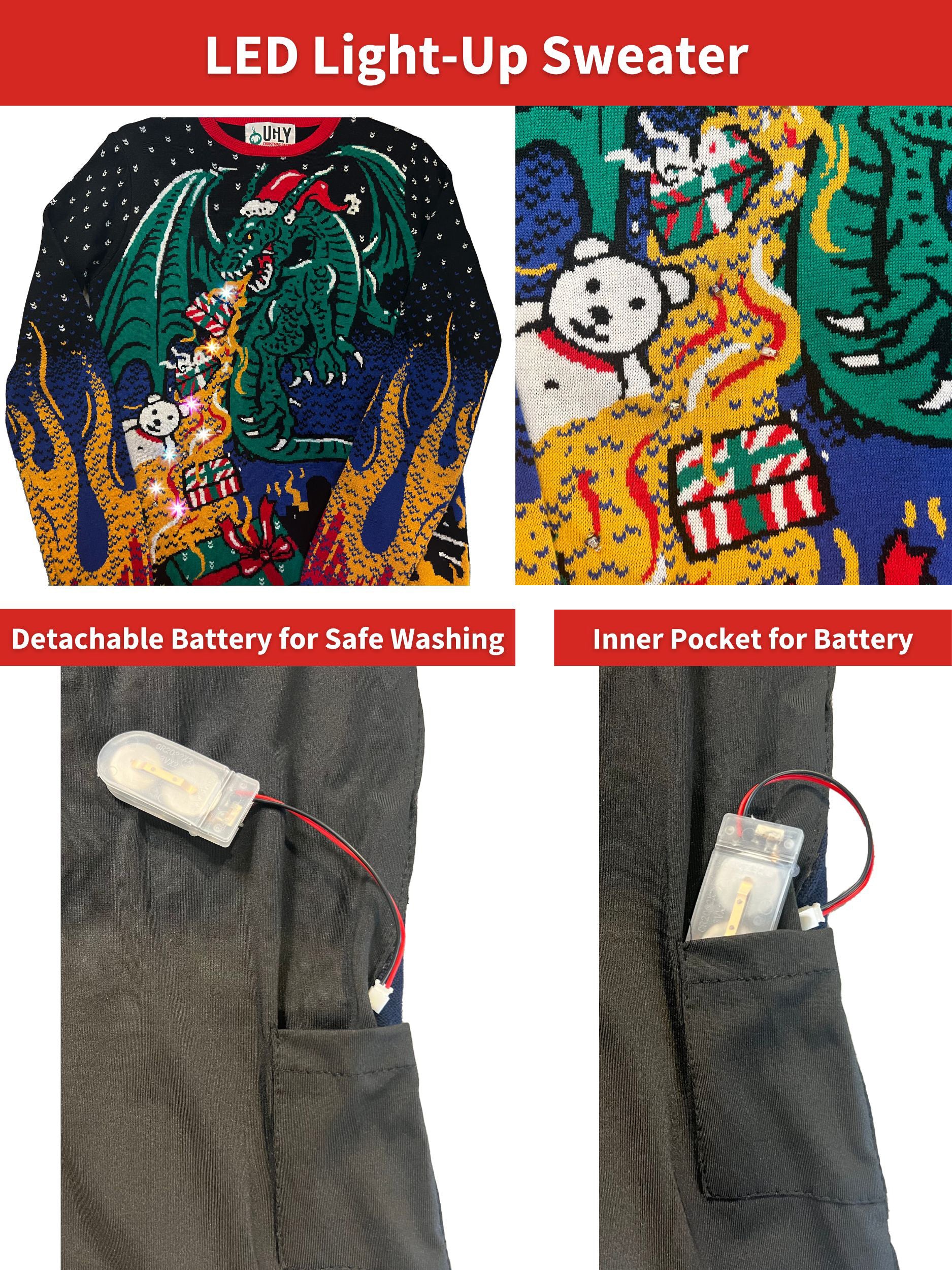 LIGHT UP - Dragon | Ugly Christmas Sweater For Men & Women | Unisex Sizing